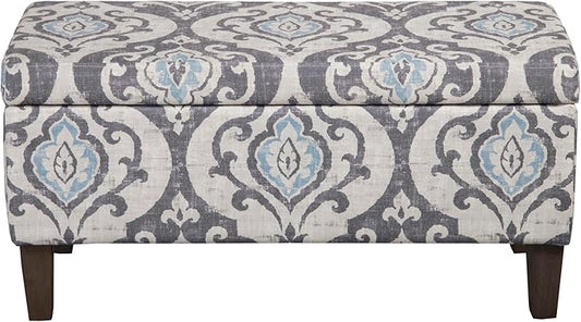 HomePop Large Upholstered Rectangular Storage Ottoman Bench with Hinged Lid, Slate Damask