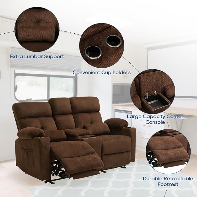 68'' RV Power Reclining Loveseat with Heat and Massage| RV Loveseat Recliner Sofa with Console| Double Reclining Couch with Cup Holder | Loveseat ReclinerTheater Seating(Fabric, Coffee)