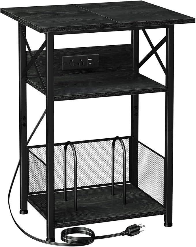 AMHANCIBLE Record Player Stand with Charging Station, Large Turntable Stand with Storage Cabinet, 3 Tier End Table Hold Up to 100 Albums, Record Stand for Vinyl, Living Room, Black, HETCD012BK-1