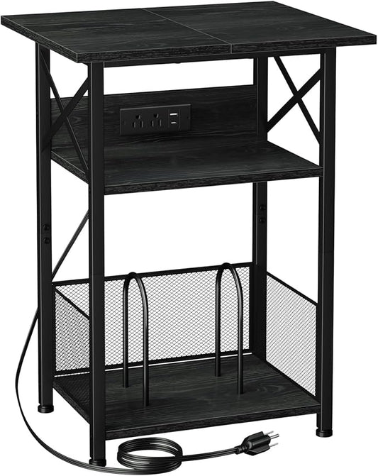 AMHANCIBLE Record Player Stand with Charging Station, Large Turntable Stand with Storage Cabinet, 3 Tier End Table Hold Up to 100 Albums, Record Stand for Vinyl, Living Room, Black, HETCD012BK-1