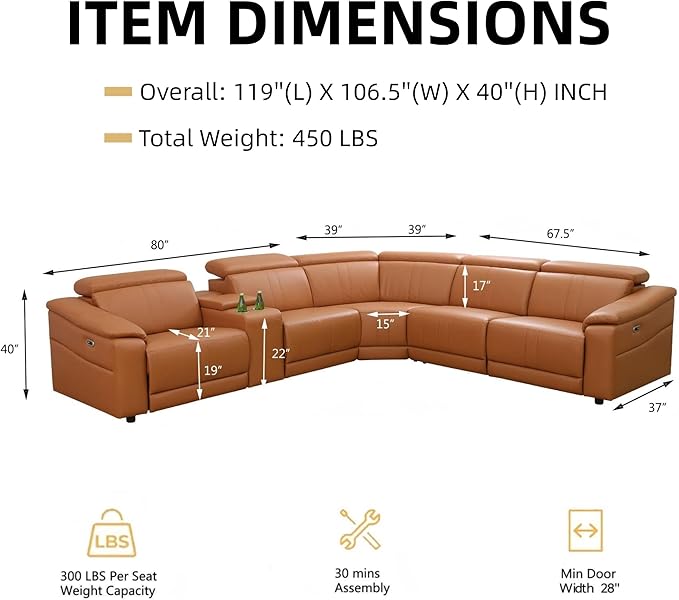 Power Recliner Sectional Couch, Breathing Leather Living Room Furniture Set, Reclining Corner Sectional Sofa with Storage Console/Cup Holders for Home/Office (Caramel, 5 Seater Couch)