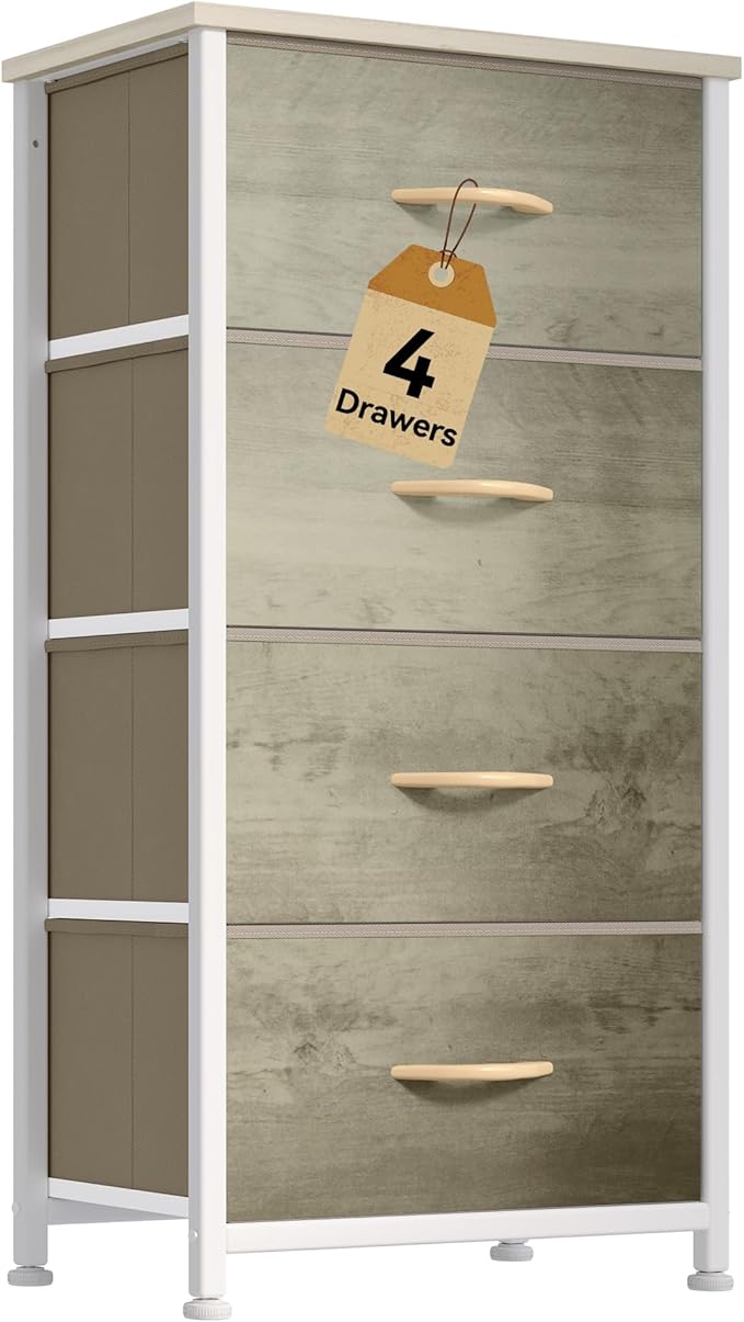 DWVO Dresser with 4 Drawers - Fabric Storage Tower, Organizer Unit for Room, Hallway, Hallway, Closets - Sturdy Steel Frame, Wooden Top & Easy Pull Fabric Bins (Oak Greige)