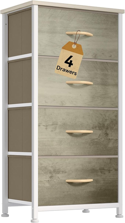 DWVO Dresser with 4 Drawers - Fabric Storage Tower, Organizer Unit for Room, Hallway, Hallway, Closets - Sturdy Steel Frame, Wooden Top & Easy Pull Fabric Bins (Oak Greige)