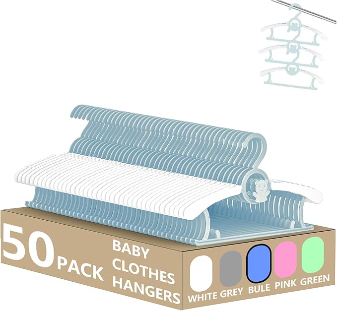 HGYZE Kid Hangers for Closet 50pcs, Blue Infant Clothes Hanger 11-14" Adjustable Plastic Baby Coat Perchas with Bear Hook, Non-Slip Children Outfit Hangars for Boy Toddler Newborn Teen Clothing