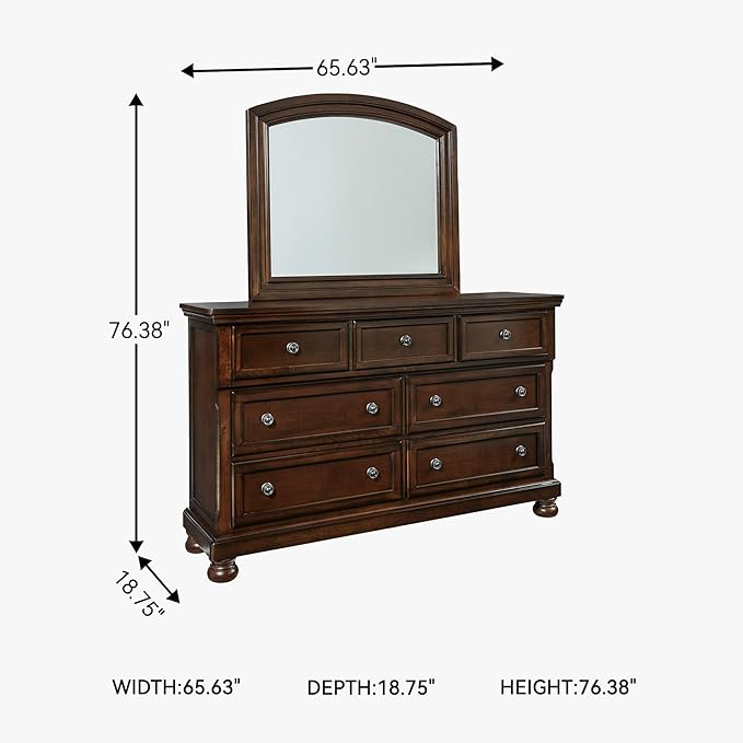 Signature Design by Ashley Porter Traditional Smooth-Gliding 7-Drawer Dresser and Mirror with Safety Stop, Felt-Lined Top Drawers and Pull-Out Tray, Dark Brown