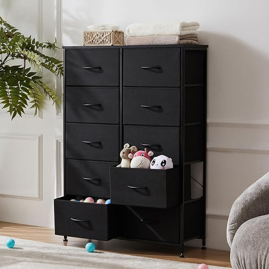 Sweetcrispy Tall Dresser for Bedroom, Drawer Dresser Organizer Storage Drawers with 10 Drawers, Chest of Drawers with Fabric Bin, Steel Frame, Wood Top for Bedroom, Closet, Entryway