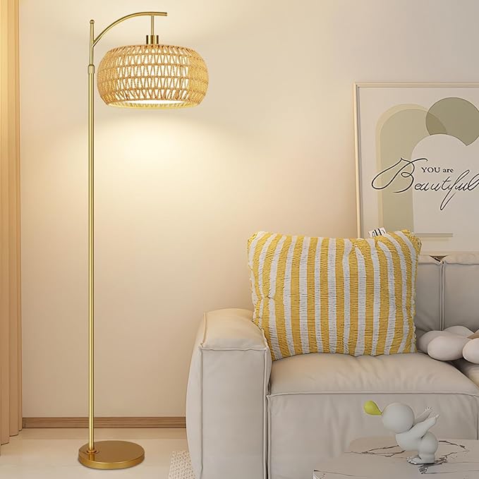Gold Floor Lamps for Living Room Boho Rattan Floor Lamp with Remote Control & Wicker Lampshades,Vintage Brass Standing Lamp Dimmable Tall Floor Lamp for Bedroom Living Room Corner