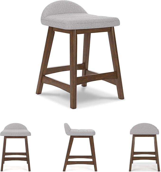 Signature Design by Ashley Lyncott Contemporary Counter Height Upholstered Bar Stool with Foam Cushion, Set of 2, Fabric Upholstery, 24.25", Light Gray & Brown