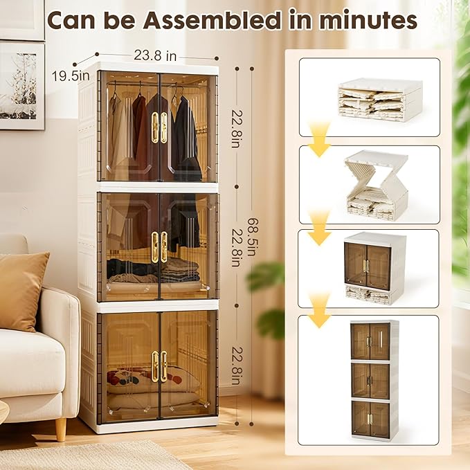 YHB Easy Assembly Wardrobe Portable Closet Storage Cabinet, Pet Collapsible Clothes Organizers,White, Collapsible Wardrobe with Visualization Doors, Rolling Wheels