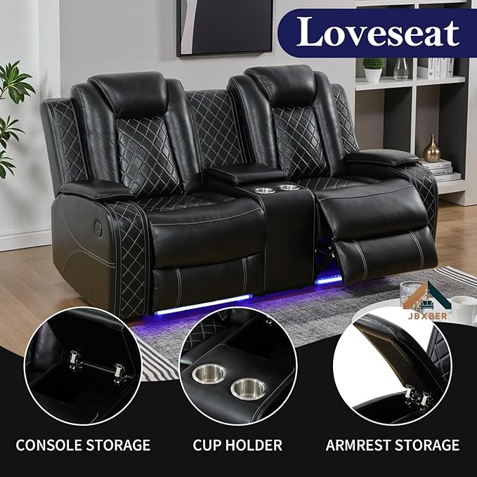 Power Reclining Sofa Sets for Living Room, Leather Recliner Sofa Set with LED Light, Cup Holder, Console Storage, Charging Pad for Home Theater Seating(3 Piece Set,Black)