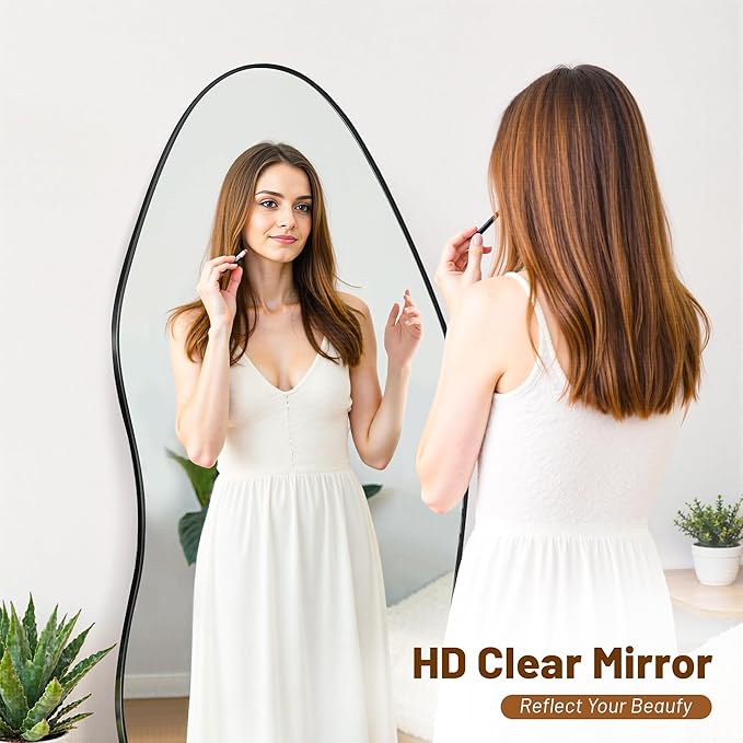 Antok Full Length Mirror, 81"x41" Floor Mirror with Stand, Standing Hanging Leaning Irregular Mirrors for Bedroom Living Room Entryway, Wavy Shaped, Black