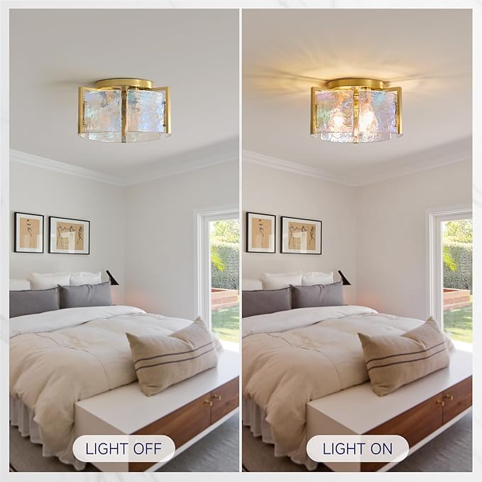 Gold Flush Mount Ceiling Light Fixture: 14.1'' Glass Semi Ceiling Light Fixtures - Mid Century Drum Kitchen Entryway Foyer Lighting - Modern Lights for Living,Dining Room Hallway Bathroom Bedroom