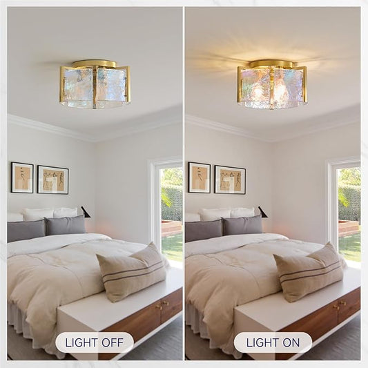 Gold Flush Mount Ceiling Light Fixture: 14.1'' Glass Semi Ceiling Light Fixtures - Mid Century Drum Kitchen Entryway Foyer Lighting - Modern Lights for Living,Dining Room Hallway Bathroom Bedroom