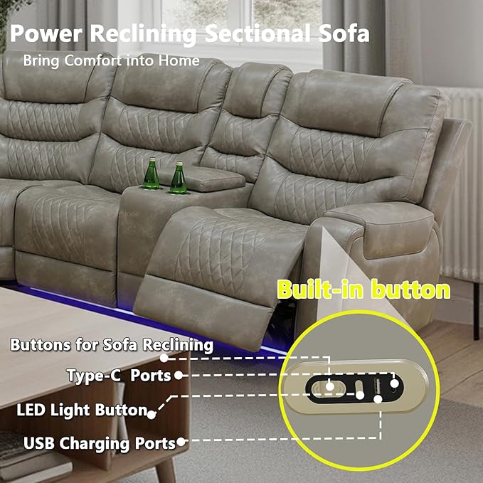 Power Recliner Sectional Sofa with LED Light for Living Room, Grey Air Leather Reclining Sofa Corner Sectional Couches Set, Cup Holder, Storage Console for Home Theater Seating, Grey