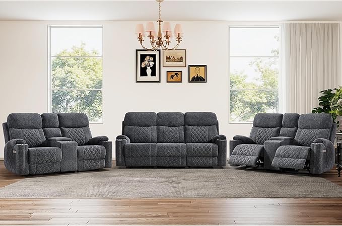 HAOMARKETS 3-Piece Power Recliner Sofa Set with Charging Port, Include 2 2-Seater Loveseat Reclining Couches with Hidden Storage and Cup Holders and 3-Seater Recliner Couch for Living Room, Dark Grey