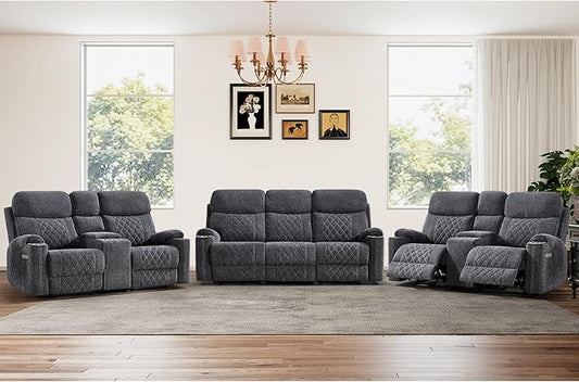 HAOMARKETS 3-Piece Power Recliner Sofa Set with Charging Port, Include 2 2-Seater Loveseat Reclining Couches with Hidden Storage and Cup Holders and 3-Seater Recliner Couch for Living Room, Dark Grey