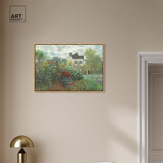 Art Remedy Monet-Garden With Dahlias Impressionism Classic Landscape Paintings Canvas Wall Art, Gold Floater Frame, 30"x45"