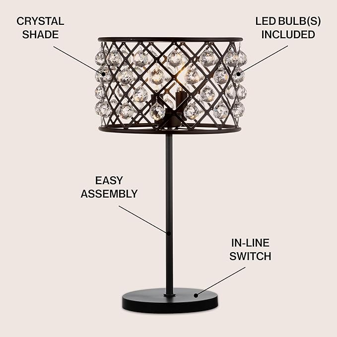 JONATHAN Y 22.5" Oil Rubbed Bronze 2-Light Crystal and Iron Table Lamp, Modern Glam Bedside Nightstand Lamp with Clear Crystal Spheres, UL Listed, LED Bulbs Included JYL9022A