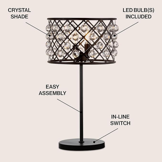 JONATHAN Y 22.5" Oil Rubbed Bronze 2-Light Crystal and Iron Table Lamp, Modern Glam Bedside Nightstand Lamp with Clear Crystal Spheres, UL Listed, LED Bulbs Included JYL9022A