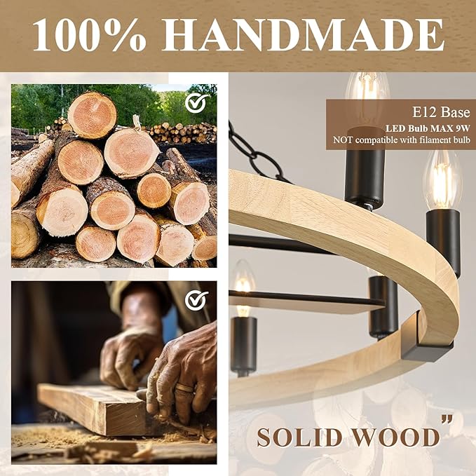 Natural Farmhouse Wood Wagon Wheel Chandelier Fans with 12 Lights and Remote, Rustic Wooden Ceiling Fan Light 36in Fandelier for Bedroom Dining Room Kitchen Living Room