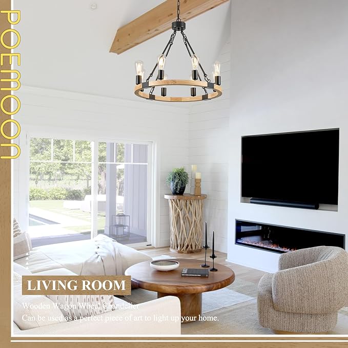 8 Lights Wooden Wagon Wheel Chandelier Natural Farmhouse 23.6'' Black Metal Light Fixtures Rustic Wood Round Chandelier for Living Dining Room Kitchen Entryway Foyer