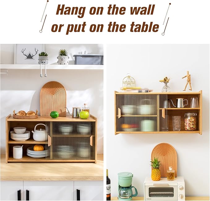 HollyHOME Small Bamboo Wall Mounted Kitchen Pantry Sideboard with 2 Doors and Adjustable Shelves, Coffee Wine Bar Storage Cabinet for Liquor and Glasses, Dining Cupboard for Bottle, Dish, Burlywood