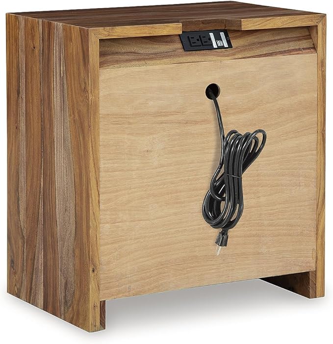 Signature Design by Ashley Dressonni Contemporary Velvet-Lined 2 Drawer Nightstand with Power Supply, USB-A and USB-C Ports, 26" Tall, Light Brown