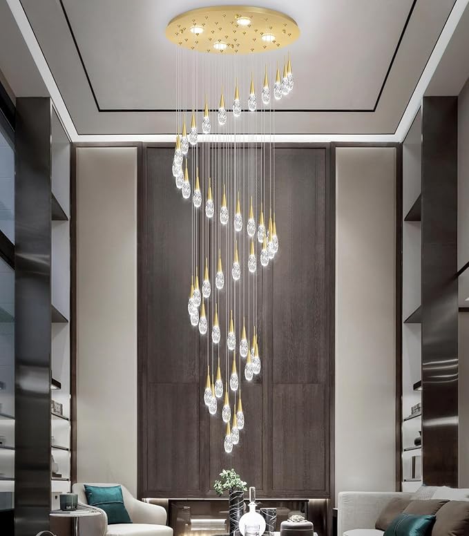 46-Lights 19 Feet Large Modern Chandelier LED Light Fixtures High Ceiling Long Light Chandelier for Entrance Foyer Dimmable Lights with Remote Living Room Ceiling Pendant Lighting Shine Gold