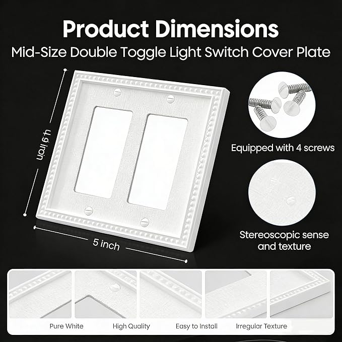 10 Pack Mid-Size Decorator Wall Plates 2-Gang Switch Outlet Electrical Cover Plate Unbreakable Thermoplastic Faceplate for Light Receptacle Outlet Switch, Classic Beaded Relief Design, White