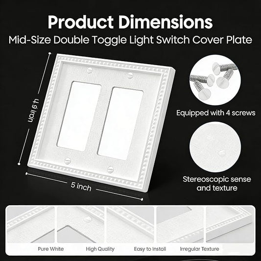 10 Pack Mid-Size Decorator Wall Plates 2-Gang Switch Outlet Electrical Cover Plate Unbreakable Thermoplastic Faceplate for Light Receptacle Outlet Switch, Classic Beaded Relief Design, White