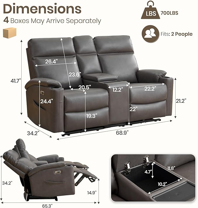 Power Recliner Loveseat, Electric Reclining Sofa with Wireless Charger, Wall Hugger Loveseat Recliner with Extended Footrest, 2-Seater Couch for Living Room, RV & Office (Grey)