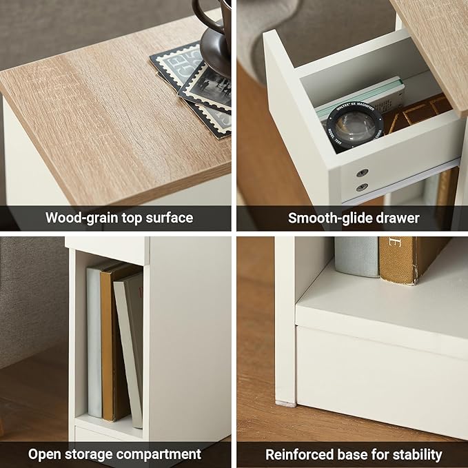SoBuy Set of 2 Nightstand Narrow Night Stand Modern Design Bedside Furniture Slim End Table Storage Cabinet with Sliding Drawer and Open Compartment, White & Natural FBT111-WNX2