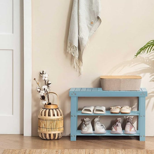 Apicizon Bamboo Shoe Rack for Entryway, 3-Tier Shoe Rack Bench for Front Indoor Entrance, Small Shoe Organizer with Storage, Blue