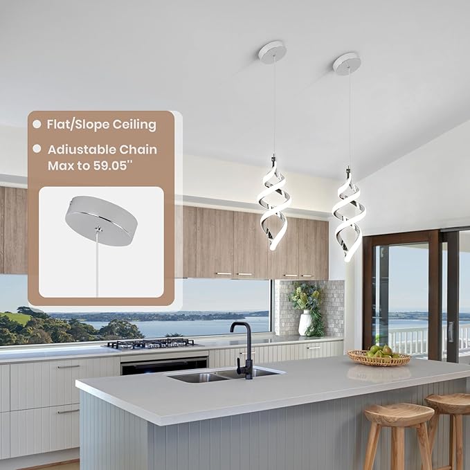 3 Packs Pendant Light, 15W Spiral Led Pendant Light, 4500K Modern Pendant Lights Kitchen Island, Adjustable Height Pendant Light for Dining Room Bedroom Kitchen Island Cafe