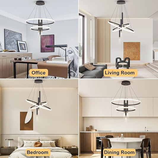 LED Black Modern Chandeliers for Dining Room Bedrooms Living Room, Dimmable 24in 5250lm Kitchen Pendant Lamp Dining Room Light Fixtures Ceiling Hanging Over Table, 2 Ring Round Chandeliers
