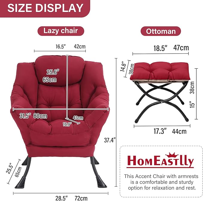 Lazy Chair with Ottoman, Large Burgundy Accent Chair with Ottoman, Comfy Reading Armchair, Leisure Sofa Chair for Living Room, Bedroom, Dorm Room, Office