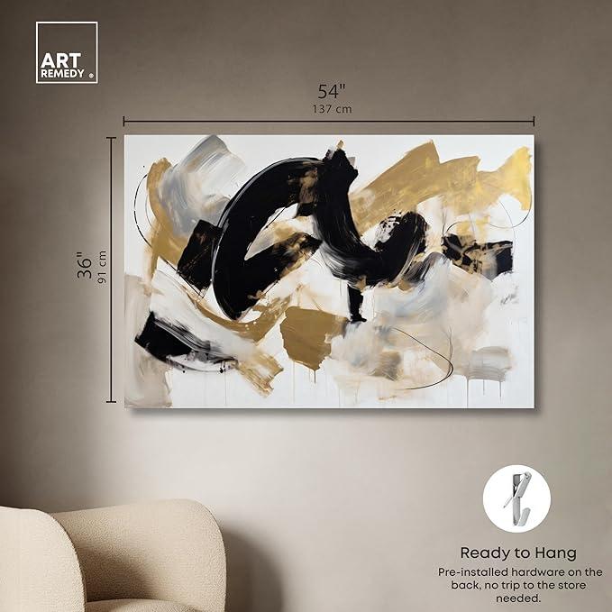Art Remedy Moved Abstraction Canvas Modern Black White Abstract Wall Art, Gallery Wrapped, 54" x 36"
