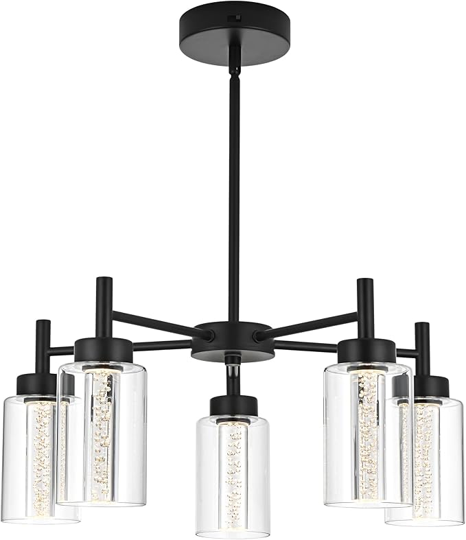 VINLUZ 5 Light LED Modern Pendant Lights, Classic Black Chandelier with Crystal Bubble Clear Glass Shade Indoor Kitchen Island Lights Fixtures for Dining Room Cafe Bar