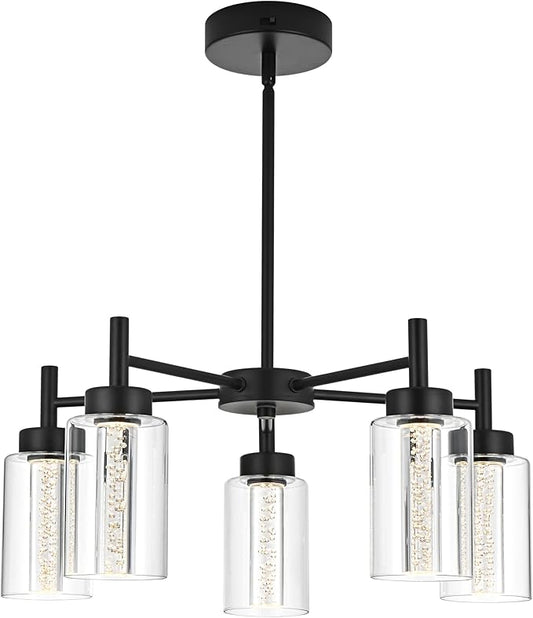 VINLUZ 5 Light LED Modern Pendant Lights, Classic Black Chandelier with Crystal Bubble Clear Glass Shade Indoor Kitchen Island Lights Fixtures for Dining Room Cafe Bar