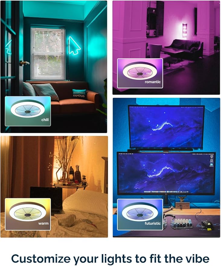 Orison Smart Bladeless Low Profile Ceiling Fan with LED-RGB Ambient Lighting Compatible with Alexa/Google Assistant/App Control, 6-Speed Color Change, Quiet Operation with Remote &App,19.7" (White)
