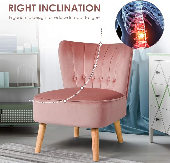 Giantex Modern Velvet Accent Chair, Small Upholstered Leisure Sofa Chair w/Wood Legs, Thickly Padded and Button Tufted, Armless Wingback Club Chairs for Living Room Bedroom Furniture (1, Pink)