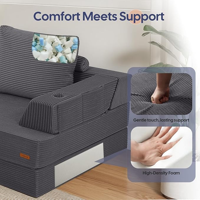 COMAX Folding Sofa Bed, Foldable Couch for Bedroom, Corduroy Convertible Floor Sleeper Futon Chair Foam, 3 in 1 Fold Out Chair Portable Comfy Lounge Couch Single Sofa Bed for Small Space Guest Room