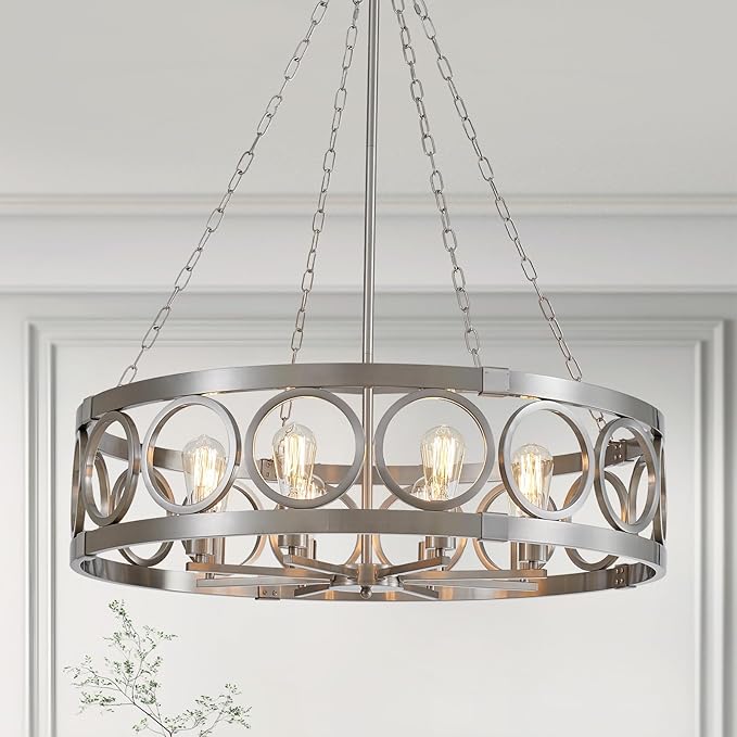 XINGQI 32.3" Large Drum Chandelier Modern Brushed Nickel 8-Light Rustic Farmhouse Round Pendant Lighting Fixture for Dining Room Living Room Office Kitchen Island