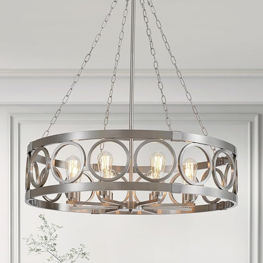 XINGQI 32.3" Large Drum Chandelier Modern Brushed Nickel 8-Light Rustic Farmhouse Round Pendant Lighting Fixture for Dining Room Living Room Office Kitchen Island
