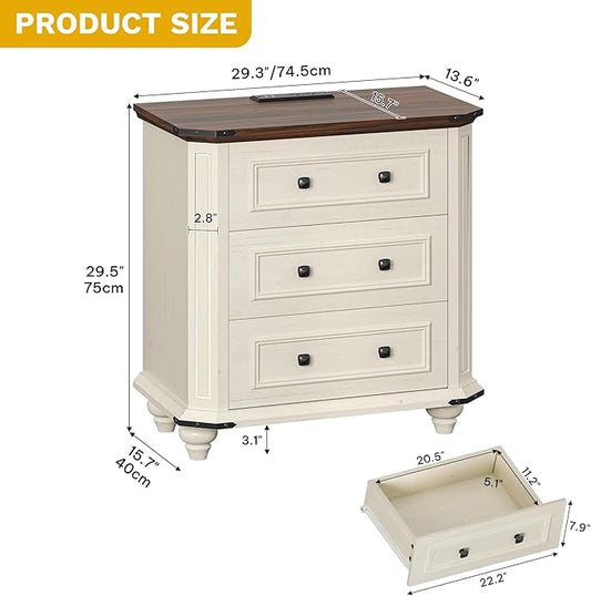 DWVO 29 Inch Wide Nightstand with Charging Station, Farmhouse Bedside Table with 3 Drawers, Wood Night Stand w/Storage, Rustic Bed Side End Table for Bedroom Dorm Small Space, White