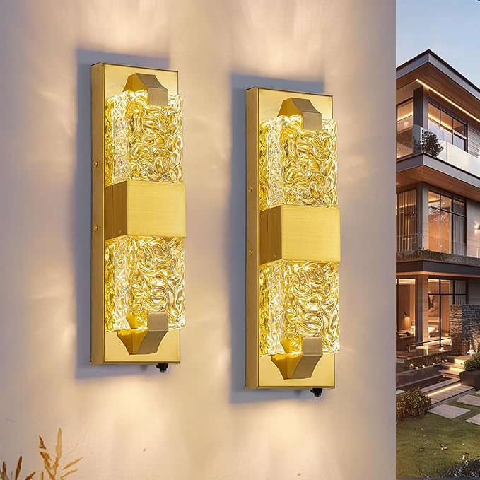 Dusk to Dawn Outdoor Lighting 2 PCS 15.6'' Porch Lights Outdoor IP65 Waterproof Gold Exterior Lighting Fixtures 12W LED Ripple Crystal Glass Modern Outside Light for House Hallway Doorway Patio