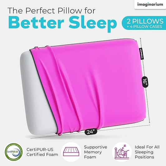 Imaginarium 2 Pack Memory Foam Pillows for Bed – 16" x 24" Standard – Fun Decorative Colorful Pillow for Sleeping – Back, Stomach & Side Sleepers – Includes 2 Extra Cooling Covers (Party Pink)