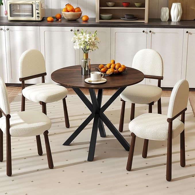 Moccha 36" Round Dining Table for 4 - Rubber Wood Kitchen Table with Intersecting Trestle Legs, Vintage Bar Table, Farmhouse Dining Room Tables for Dinette, Small Space, Restaurant, Bistro (Brown)