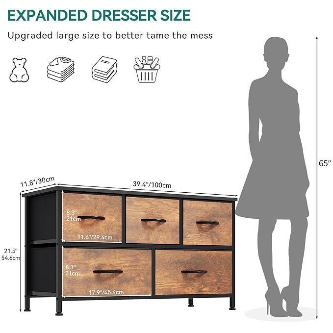 YITAHOME Dresser for Room with 5 Drawers - Fabric Storage Tower, Long Fabric Dresser, Organizer Unit for Closet, Hallway