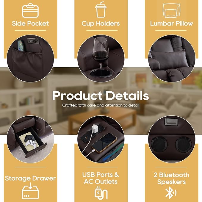 IPKIG Power Recliner Sofa with Flip-Up Backrest Console, USB & USB-C Ports, AC Outlet, LED Lights, Wall Hugger Recliners for Living Room, RV (Chestnut, 67" - 2 Seat) | Breathable Leather, Zero Gravity, Dual Reclining, 2 Lumabr Pillow, Bluetooth Speakers